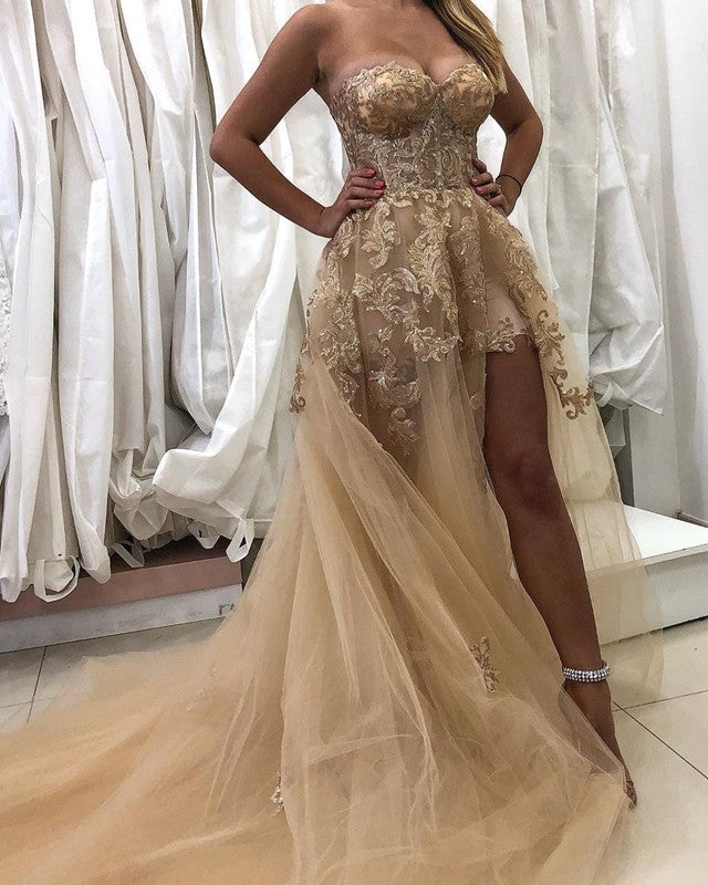 Lace Embroidery Sweetheart Corset Tulle Split Dresses-alinanova