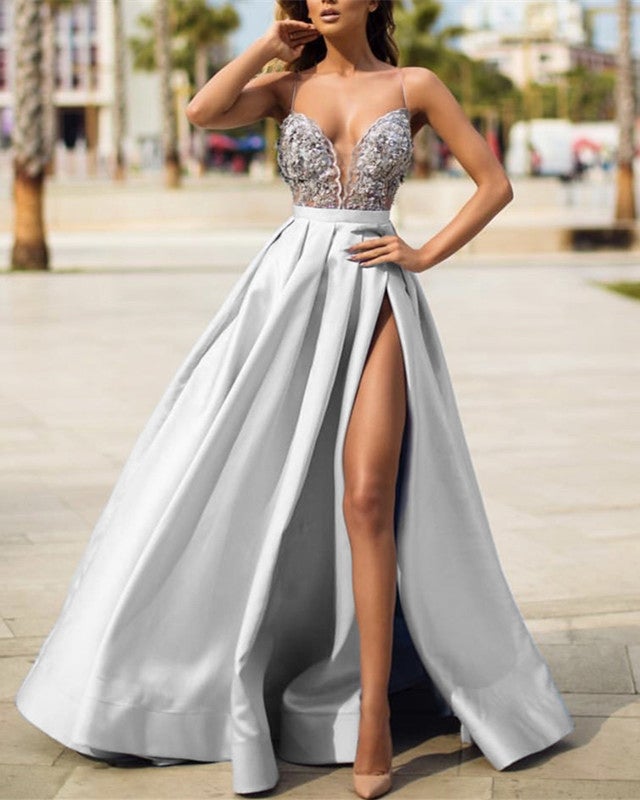 Sexy Long Satin Slit Evening Dresses Lace Embroidery alinanova Sexy Long Satin Slit Evening Dresses Lace Embroidery alinanova
