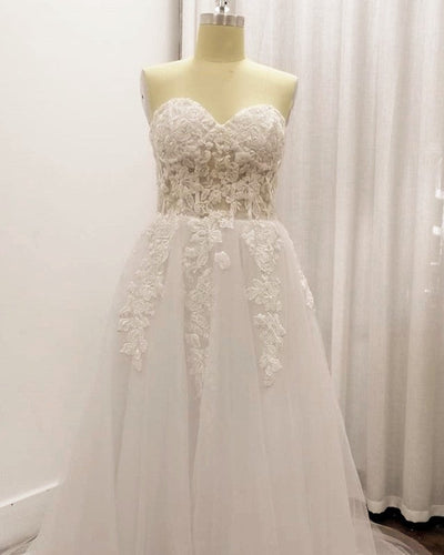 Lace Embroidery Sweetheart See Through Corset Tulle Wedding Dress-alinanova