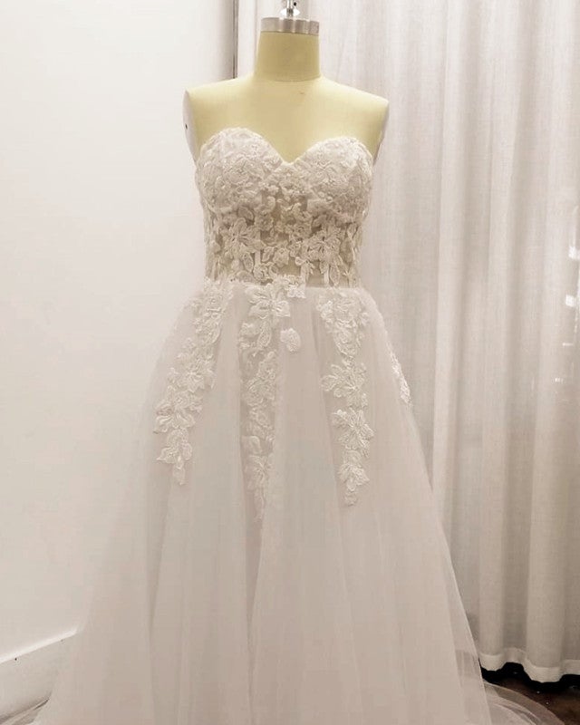 Lace Embroidery Sweetheart See Through Corset Tulle Wedding Dress-alinanova