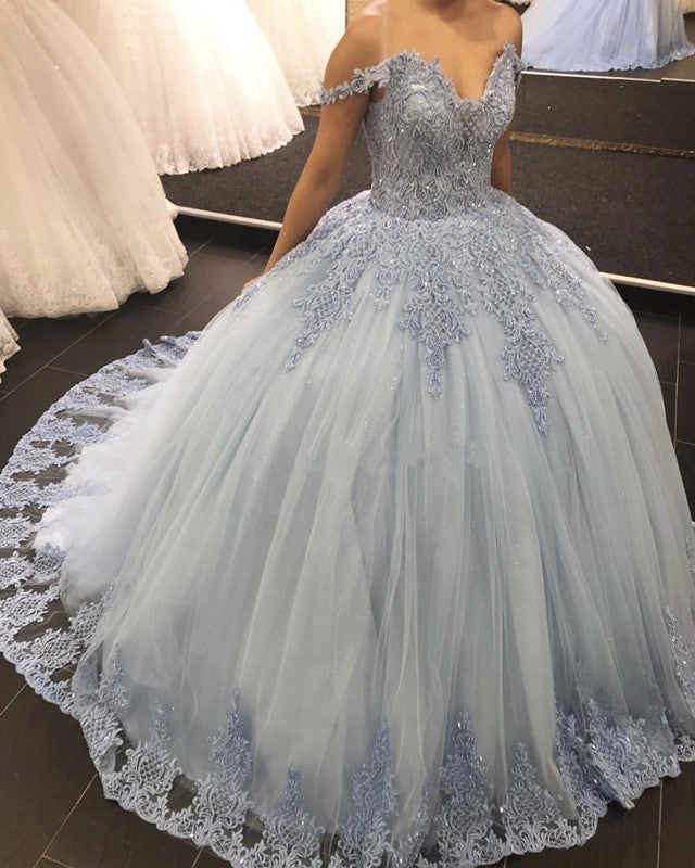 Lace Embroidery Tulle Ball Gowns Wedding Off Shoulder Dresses-alinanova