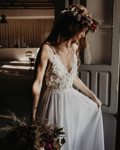 Lace Embroidery V Neck Chiffon Wedding Dresses Summer-alinanova