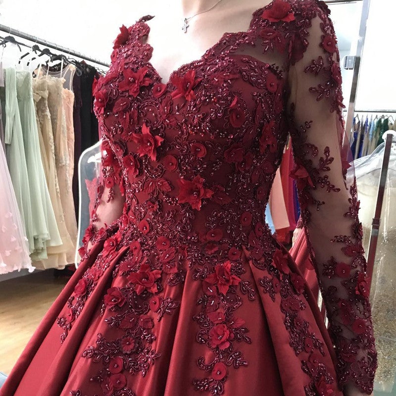 Lace Flower Beaded Long Sleeves Ball Gowns Wedding Dresses-alinanova