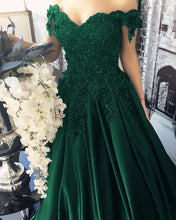 Load image into Gallery viewer, Lace Flower Off The Shoulder Satin Prom Dresses Ball Gowns
