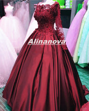 Load image into Gallery viewer, Lace Flowers Beaded Long Sleeves Satin Wedding Dresses Ball Gowns
