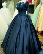Load image into Gallery viewer, Lace Flowers Beaded Long Sleeves Satin Wedding Dresses Ball Gowns
