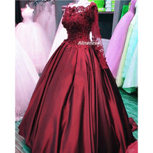 Load image into Gallery viewer, Lace Flowers Beaded Long Sleeves Satin Wedding Dresses Ball Gowns-alinanova

