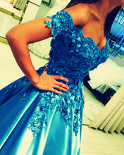 Load image into Gallery viewer, Lace Flowers Beaded Prom Dresses Off Shoulder Satin Ball Gowns
