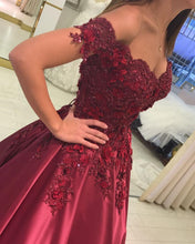 Load image into Gallery viewer, Lace Flowers Beaded Prom Dresses Off Shoulder Satin Ball Gowns

