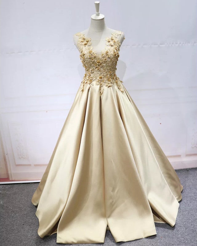 Lace Flowers Beaded Satin Ball Gown Prom Dresses