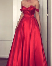 Load image into Gallery viewer, Lace Flowers Sweetheart Off The Shoulder Long Satin Prom Dresses
