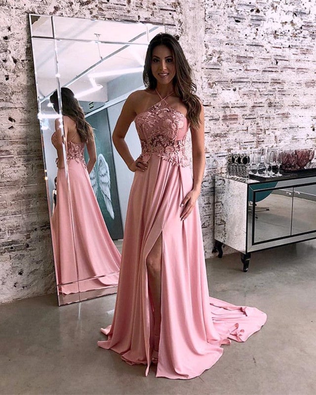 Lace Halter Long Chiffon Prom Dresses Leg Split – alinanova