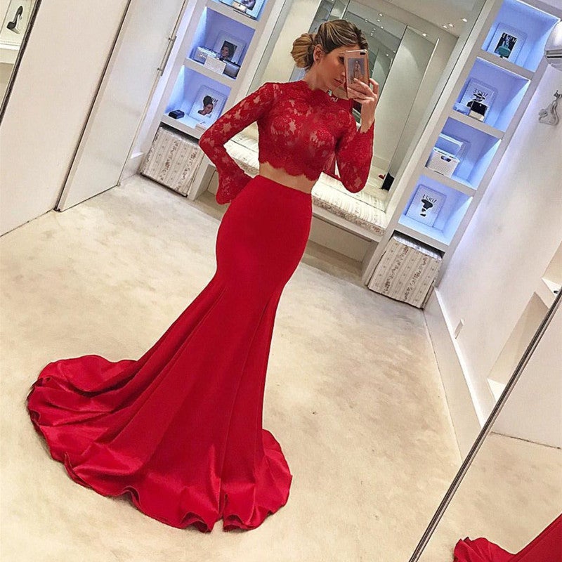 Lace Long Sleeve Two Piece Prom Dress Mermaid