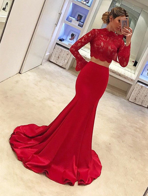 Lace Long Sleeve Two Piece Prom Dress Mermaid