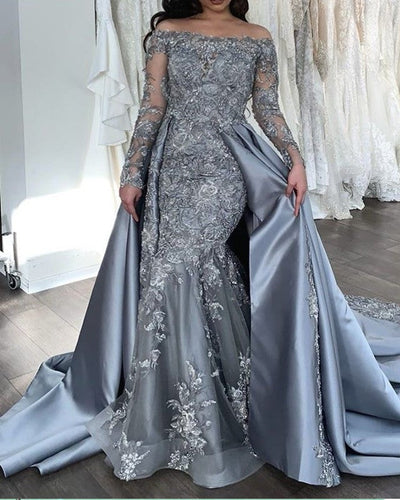 Lace Long Sleeves Mermaid Evening Dresses Satin Skirt-alinanova