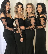 Load image into Gallery viewer, Lace Long Sleeves Off Shoulder Mermaid Bridesmaid Dresses Leg Slit
