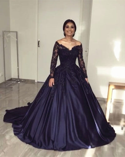 Lace Long Sleeves Off Shoulder Satin Wedding Dresses Ball Gowns-alinanova