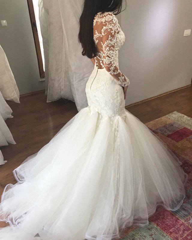 mermaid wedding dresses with ruffles and lace Lace Long Sleeves Ruffles Mermaid Wedding Dress