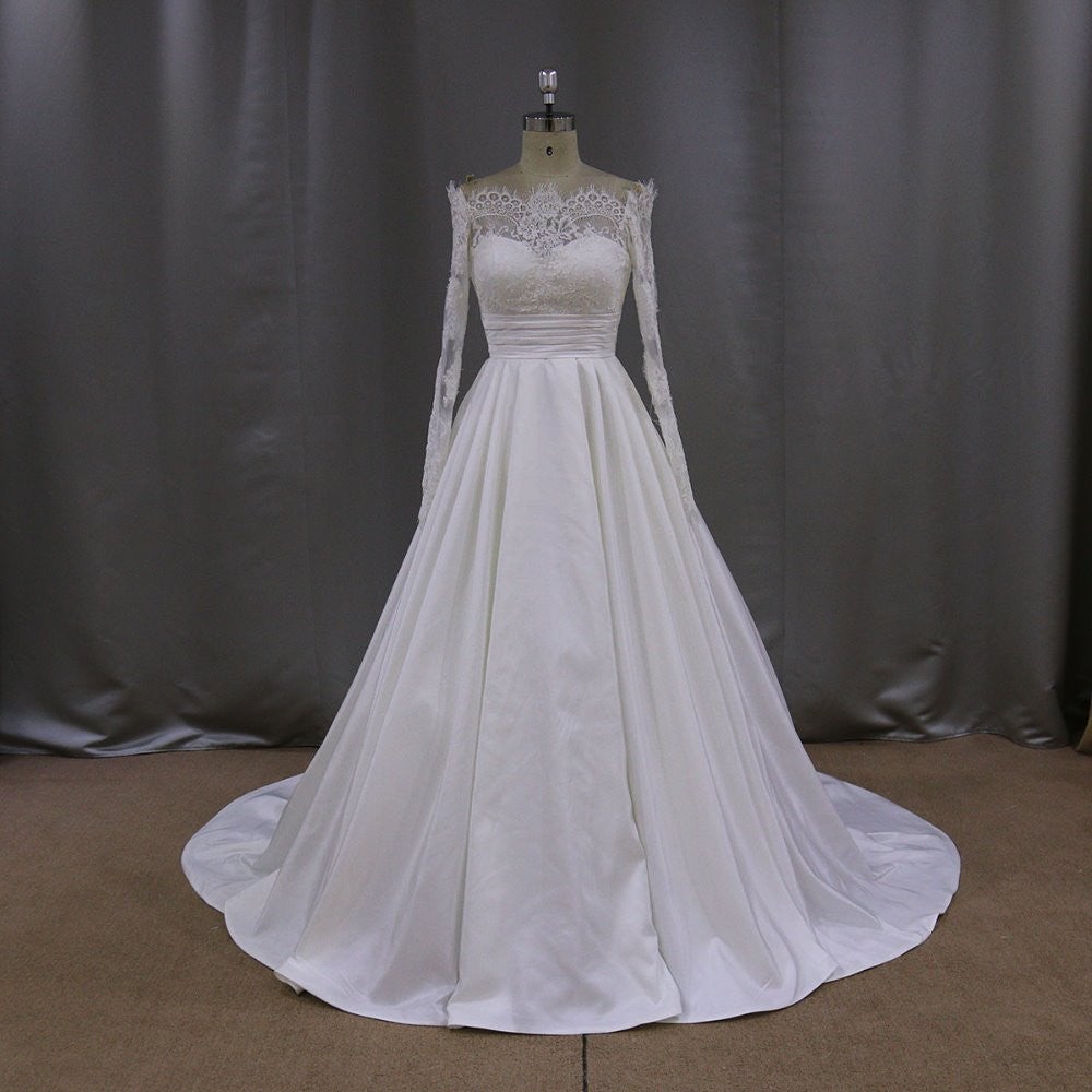 long sleeve taffeta wedding dress Lace Long Sleeves Taffeta Princess Wedding Dresses Off The Shoulder