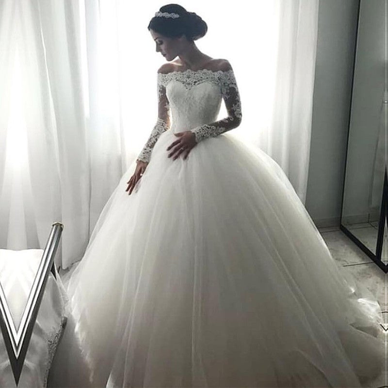 Lace Long Sleeves Tulle Ball Gowns Wedding Dresses Off The Shoulder-alinanova