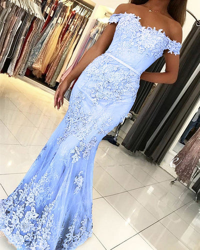 Light Blue Lace Prom Dresses Mermaid