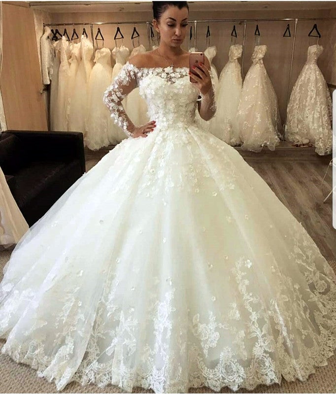 Lace Off The Shoulder Tulle Ball Gowns Wedding Dresses Long Sleeves ...