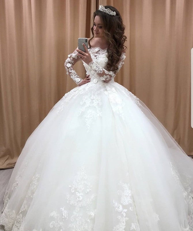 Lace Off The Shoulder Tulle Ball Gowns Wedding Dresses Long Sleeves ...