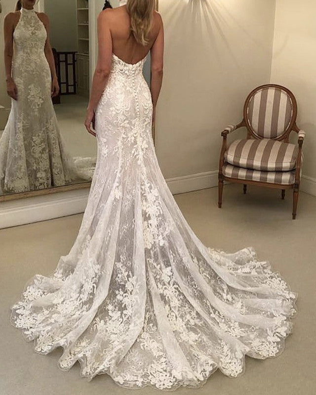Halter Mermaid Wedding Dress Lace Open Back Halter Mermaid Wedding Dress Lace Open Back