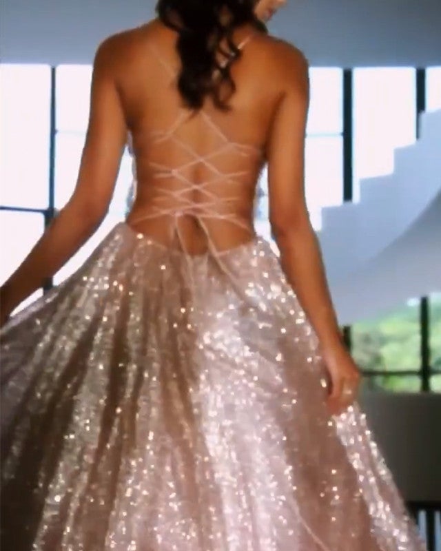 green emerald velvet dress V Neck Backless Rose Gold Prom Dresses, Open Back Rose Gold Formal Bri –  jbydress main image 1