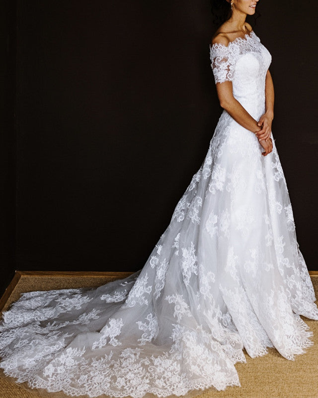 A-Line Off Shoulder Sleeveless Pleated Lace Up Ankle Length Wedding Dress WW1036