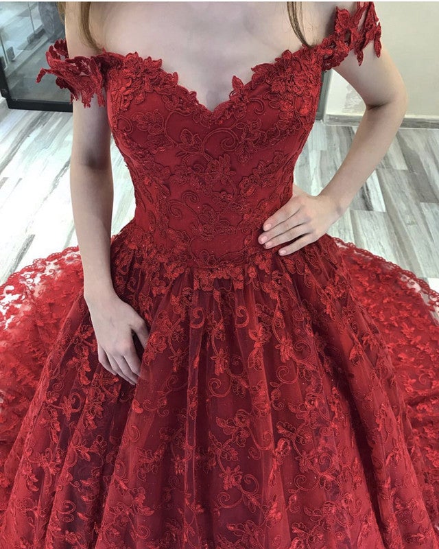 Lace Wedding Dresses Ball Gowns V-neck Off-The-Shoulder-alinanova