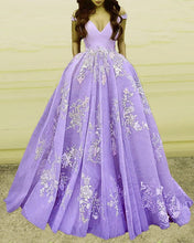 Load image into Gallery viewer, Light Blue Ball Gown Appliques Prom Dresses Off Shoulder
