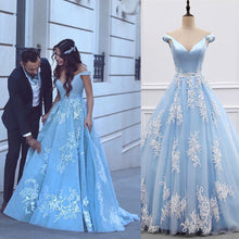 Load image into Gallery viewer, Light Blue Ball Gown Appliques Prom Dresses Off Shoulder
