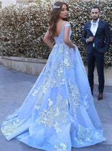 Load image into Gallery viewer, Light Blue Ball Gown Appliques Prom Dresses Off Shoulder
