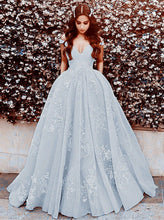Load image into Gallery viewer, Light Blue Ball Gown Appliques Prom Dresses Off Shoulder
