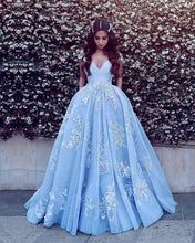 Load image into Gallery viewer, Cinderella Blue Prom Dresses Ball Gown Lace Appliques
