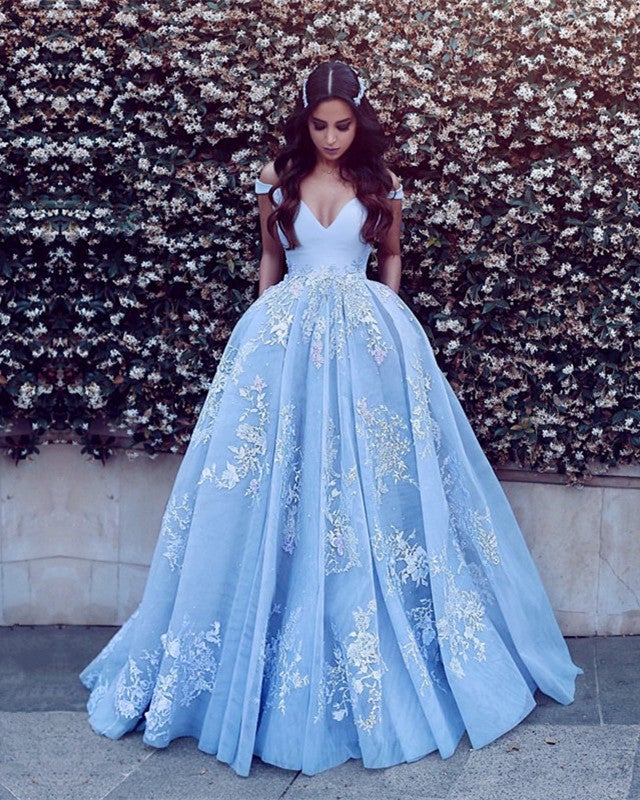 Cinderella Blue Prom Dresses Ball Gown Lace Appliques