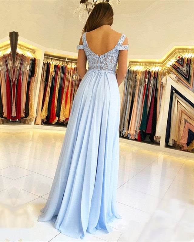 Light Blue Chiffon Prom Dresses Lace Appliques Off The Shoulder – alinanova