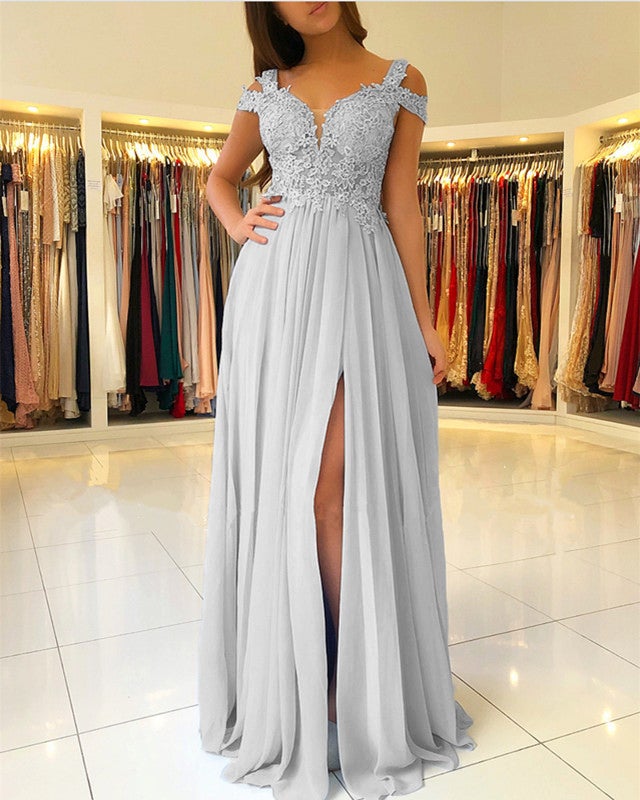 Light Blue Chiffon Prom Dresses Lace Appliques Off The Shoulder alinanova Light Blue Chiffon Prom Dresses Lace Appliques Off The Shoulder alinanova