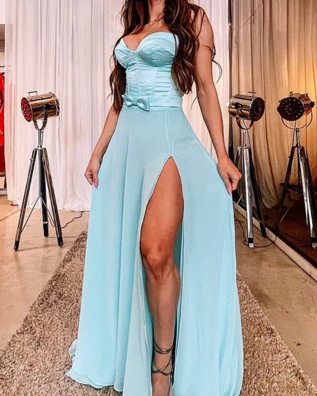 Light Blue Chiffon Prom Dresses Sweetheart Corset Split alinanova Light Blue Chiffon Prom Dresses Sweetheart Corset Split alinanova
