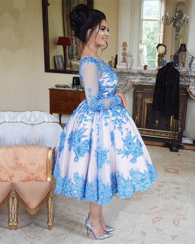 Light Blue Lace Embroidery Long Sleeves Ball Gown Prom Dresses Tea Length