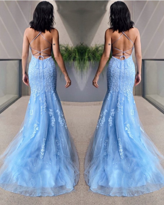 blue open back dress Light Blue Lace Mermaid Prom Dresses Open Back