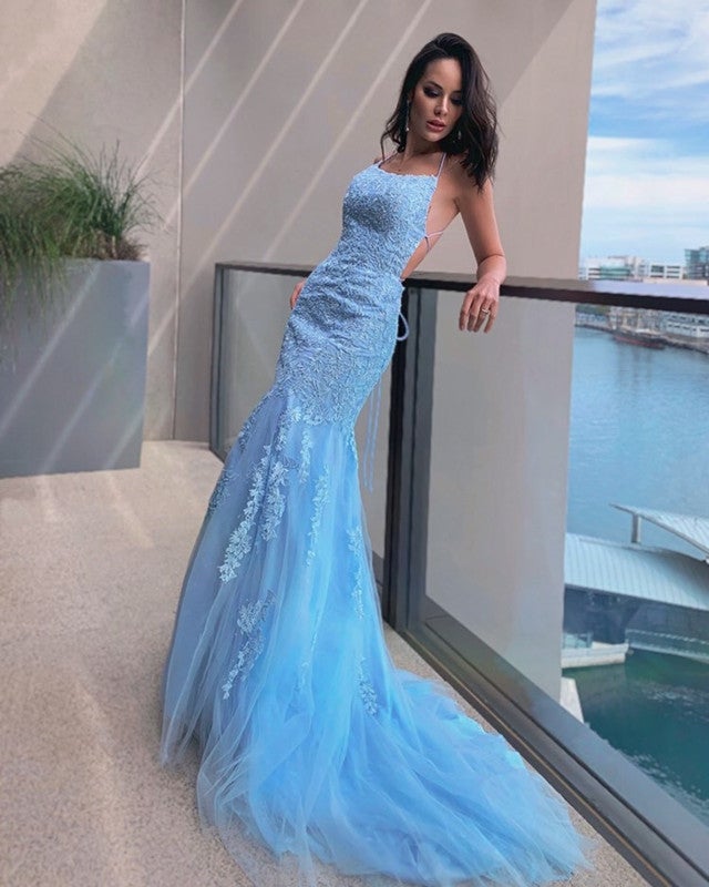 Light Blue Lace Mermaid Prom Dresses Open Back Light Blue Lace Mermaid Prom Dresses Open Back