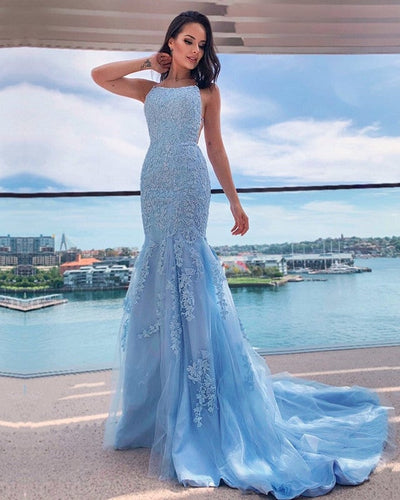 Light Blue Lace Mermaid Prom Dresses