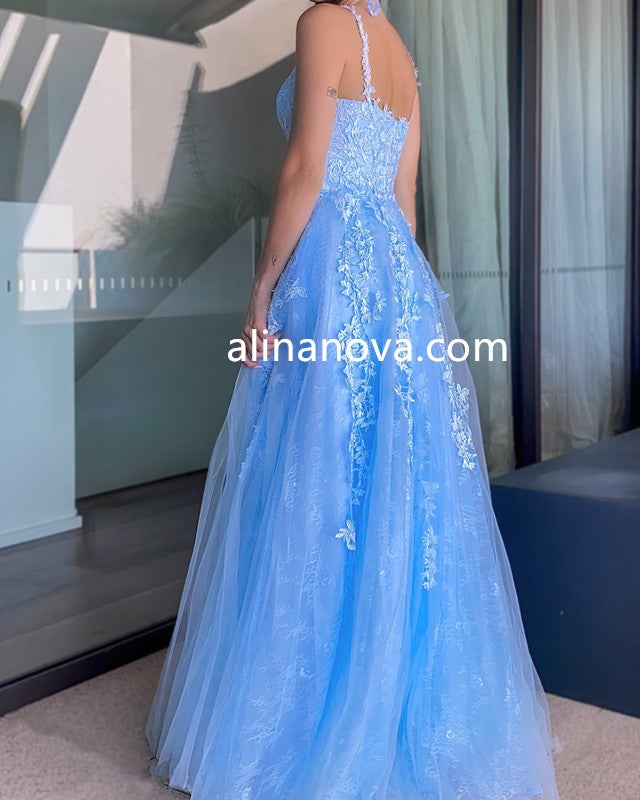 Light Blue Lace Prom Dresses Princess V Neck Light Blue Lace Prom Dresses Princess V Neck