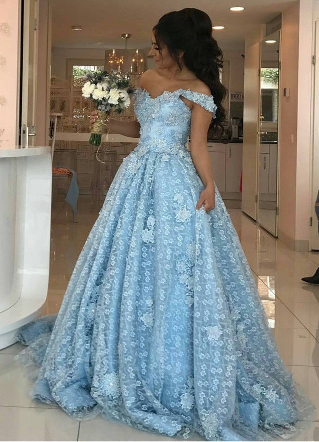 Light Blue Lace Sweetheart Evening Dresses For Engagement Party
