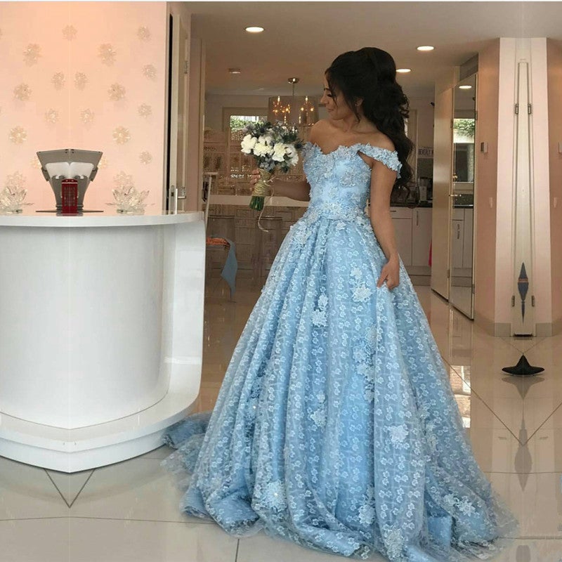 Light Blue Lace Sweetheart Evening Dresses for Engagement Party