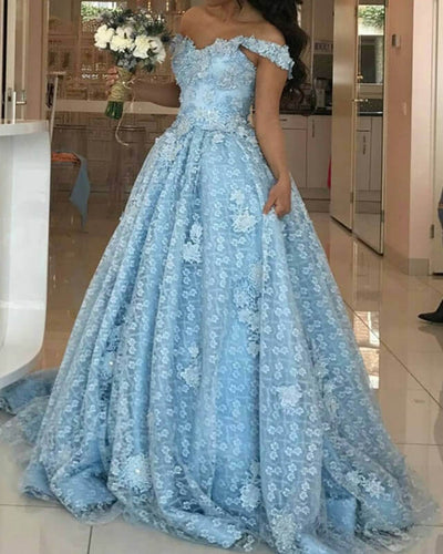 Light Blue Lace Formal Dresses