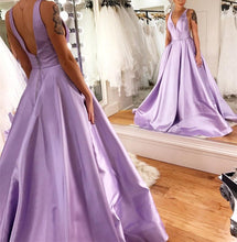 Load image into Gallery viewer, Light Blue Long Satin V-neck Dresses
