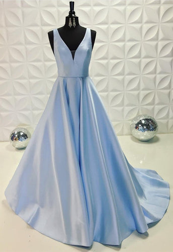 Light Blue Long Satin V-neck Dresses-alinanova